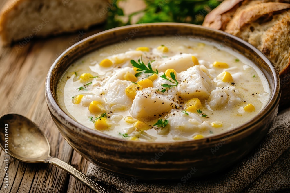 Warm Fish Chowder in Ceramic Bowl on Rustic Wooden Table for Comfort Food Photography Warm Fish Chowder in Ceramic Bowl on Rustic Wooden Table for Comfort Food Photography
