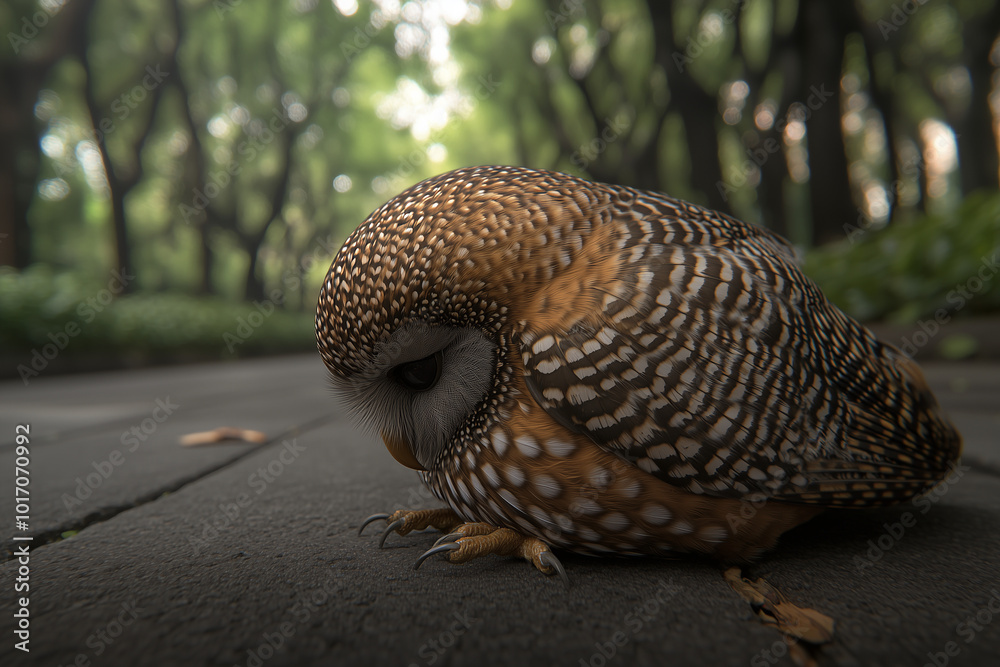 Obraz premium wounded owl sitting on the road or way in the forest or park