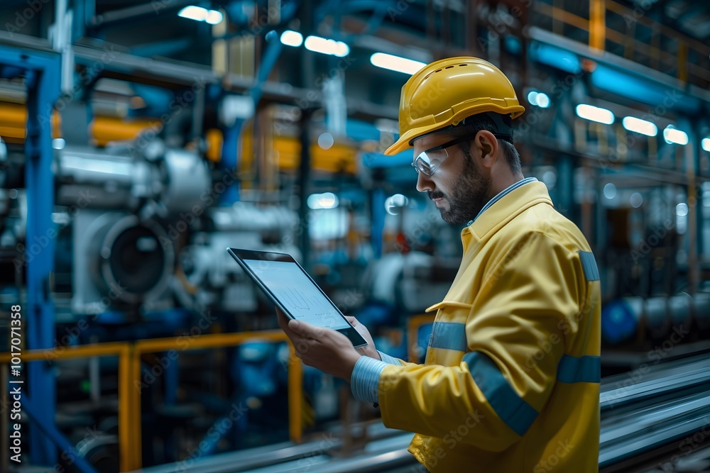 Industrial Worker Using Tablet in a Modern Manufacturing Facility Industrial Worker Using Tablet in a Modern Manufacturing Facility