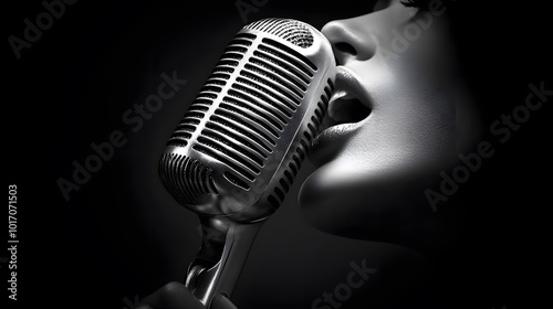 close up Woman singing with handheld microphone, face clearly visible