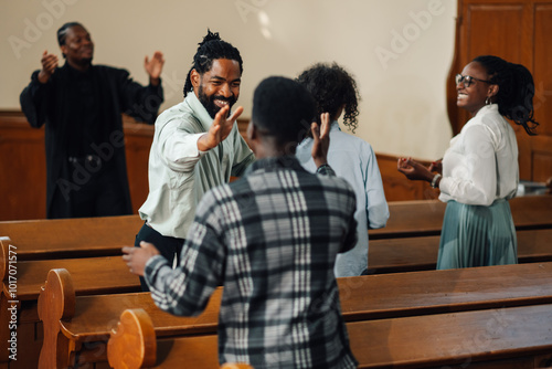 Group of people celebrating faith inside a church