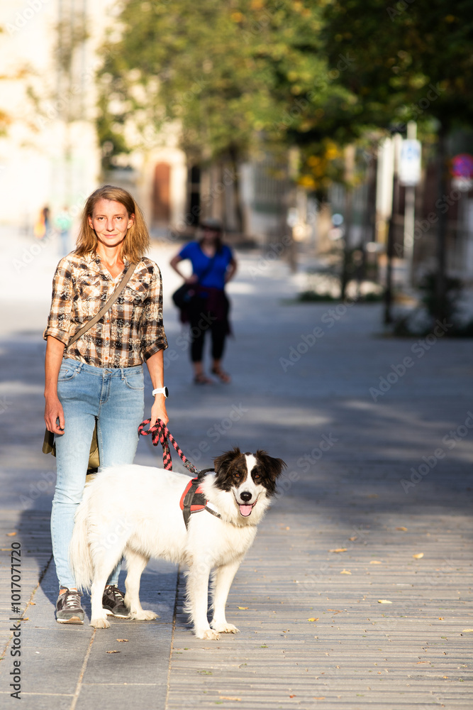 happy woman with white dog walking in the city happy woman with white dog walking in the city