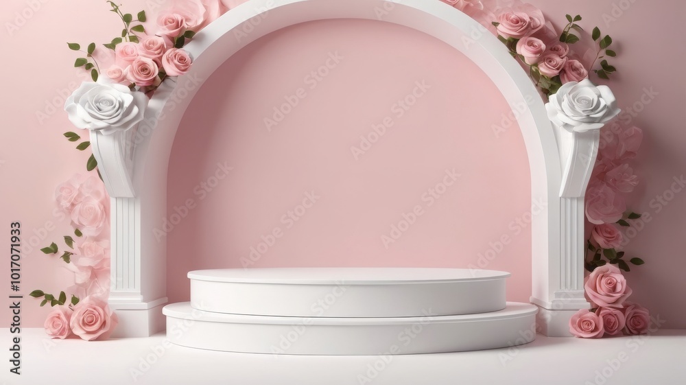 empty podium decorated with pink and white roses empty podium decorated with pink and white roses