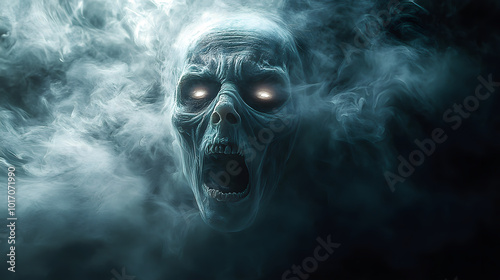 Suffering face of ghost made of smoke and mist on dark background. Halloween, spooky season