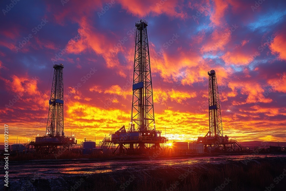 Three oil rigs stand tall against a fiery sunset sky. Three oil rigs stand tall against a fiery sunset sky.