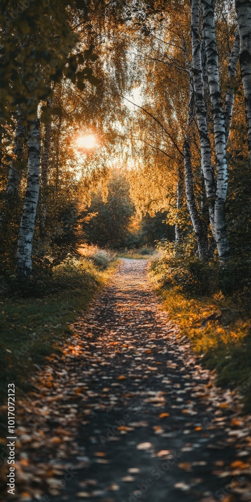 Fototapeta premium Serene autumn pathway through a birch forest at sunset