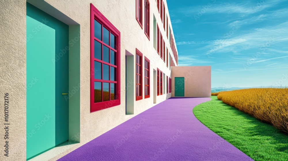 Trend-setting structure with ruby window frames, a cyan terrace, and almond walls A lavender path leads to a jade door, with an apricot lawn under a cerulean sky Trend-setting structure with ruby window frames, a cyan terrace, and almond walls A lavender path leads to a jade door, with an apricot lawn under a cerulean sky