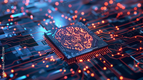 Neon glowing digital technology circuit board in computer. with AI brain chip CPU; Futuristic glowing bright blue and red color. Abstract connection concept presentation background Idea