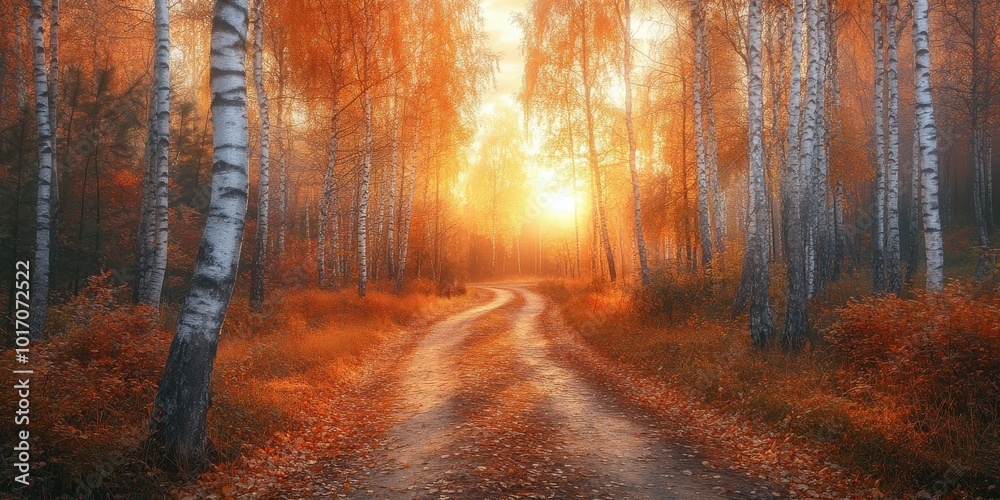 Fototapeta premium Golden hour in a serene birch forest with winding path in autumn