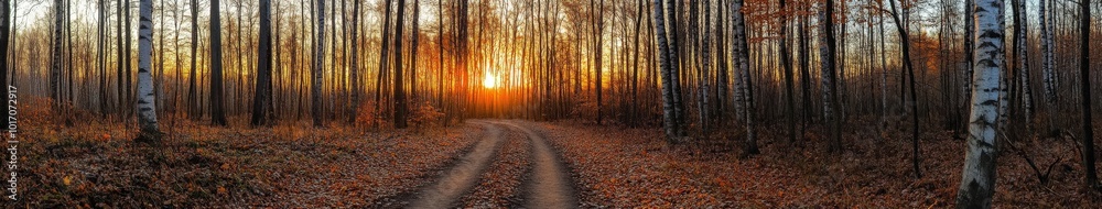 Obraz premium Sunset illuminating a tranquil forest path in autumn