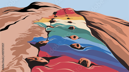 A sunlit rock face with handholds painted in a gradient of colors, creating a visually striking and challenging route.