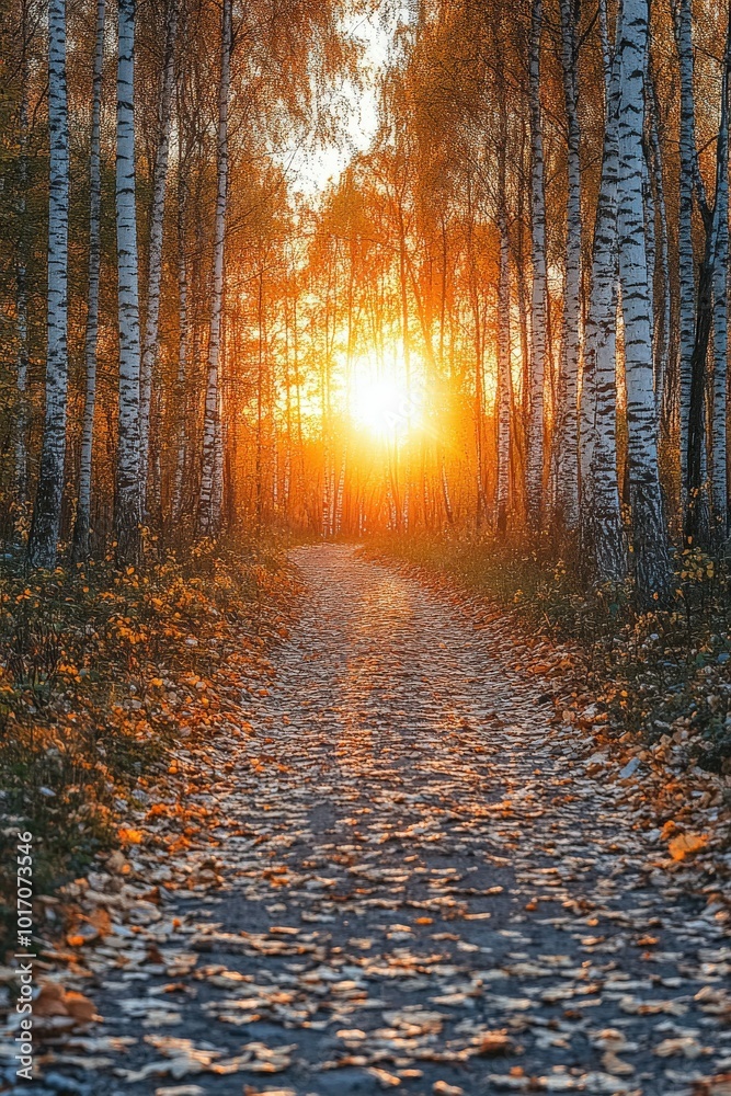 Sunset lights a forest path of autumn leaves in the afternoon Sunset lights a forest path of autumn leaves in the afternoon