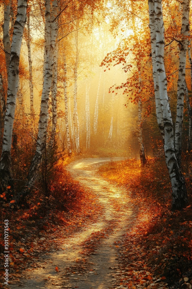 Fototapeta premium A winding path through a glowing autumn forest at sunset