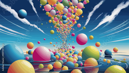 Surreal vision of colorful balls and bubbles floating upwards towards the sky.