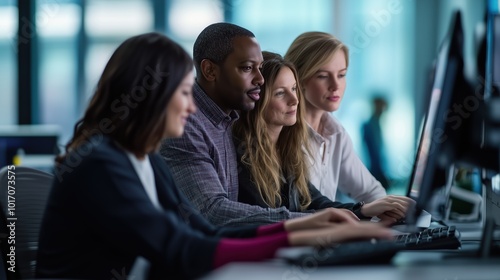 A diverse group collaborates in a bright office space, engaged in customer service tasks on computers, demonstrating teamwork and focus