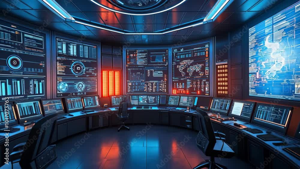 Advanced futuristic control room with holographic displays and curved monitor array for high-tech cybersecurity operations and data analysis