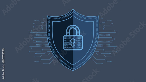 Digital shield with binary code and lock icon, protecting online transactions.