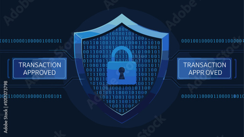 Digital shield with binary code and lock icon, protecting online transactions.