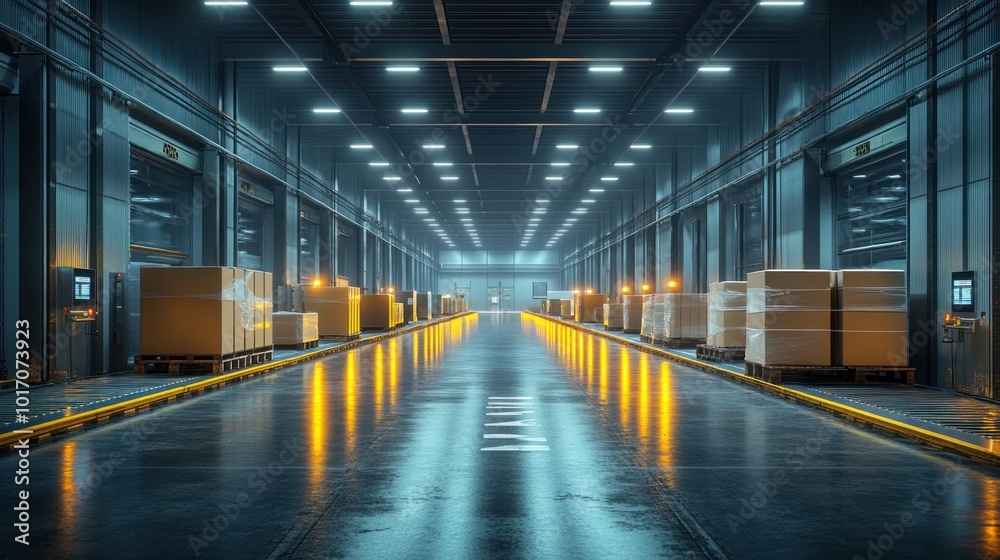 An empty warehouse loading dock with stacks of cardboard boxes on pallets and bright overhead lighting. An empty warehouse loading dock with stacks of cardboard boxes on pallets and bright overhead lighting.