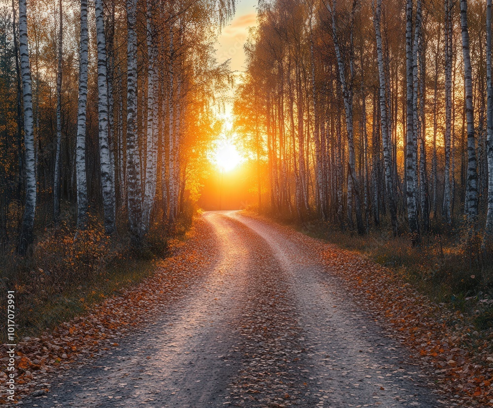 Obraz premium Golden sunrise over a winding dirt road through birch trees in autumn