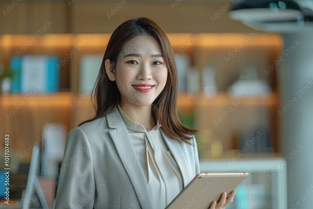 Smiling Asian saleswoman offering professional business services in office portrait.