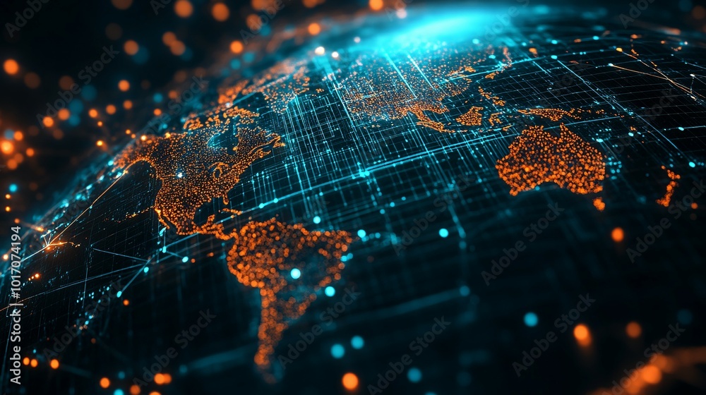 Digital Representation of Earth with Blue and Orange Network Lines and Data Points Digital Representation of Earth with Blue and Orange Network Lines and Data Points