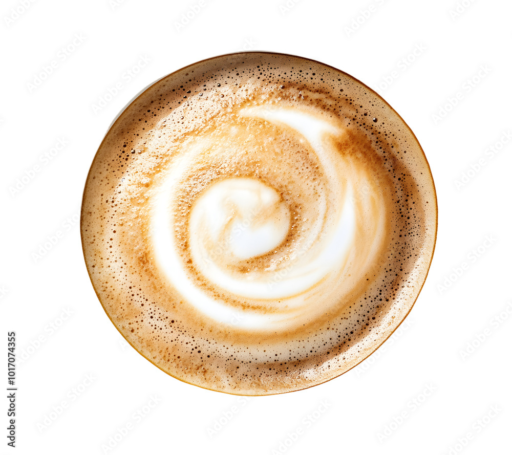 Top view of hot coffee latte cappuccino spiral foam isolated on white background, Top view of hot coffee latte cappuccino spiral foam isolated on white background,
