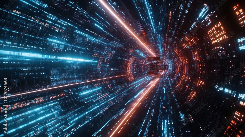 A futuristic tunnel with vibrant blue and orange lights, suggesting high-speed motion. A futuristic tunnel with vibrant blue and orange lights, suggesting high-speed motion.