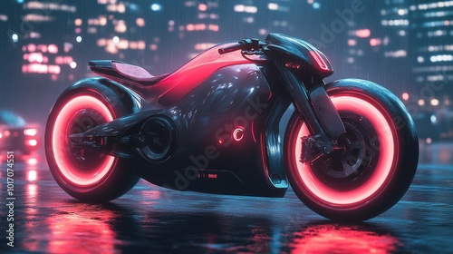 Futuristic motorcycle with glowing red wheels, parked on a wet street at night, with city lights in the background. photo