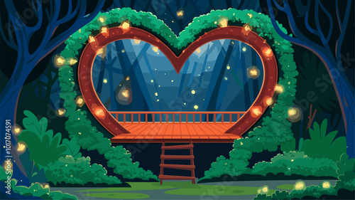 Heart-shaped stage in fairytale forest, illuminated by fireflies.