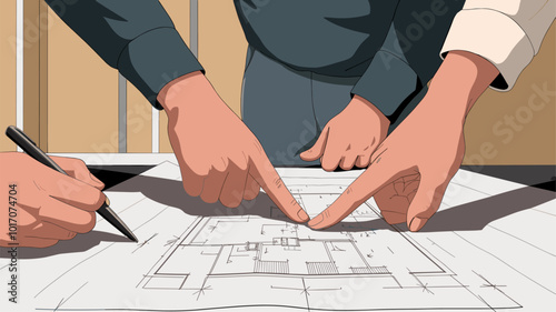 Close-up of hands pointing to blueprint detail during discussion.