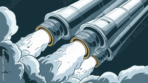 Close-up of space rocket engines emitting smoke.