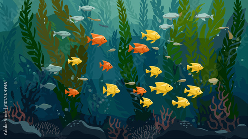 School of fish swimming through kelp forest in calming underwater scene.