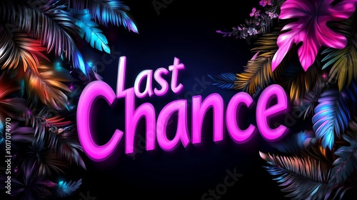 Neon pink 'Last Chance' sign surrounded by tropical leaves.