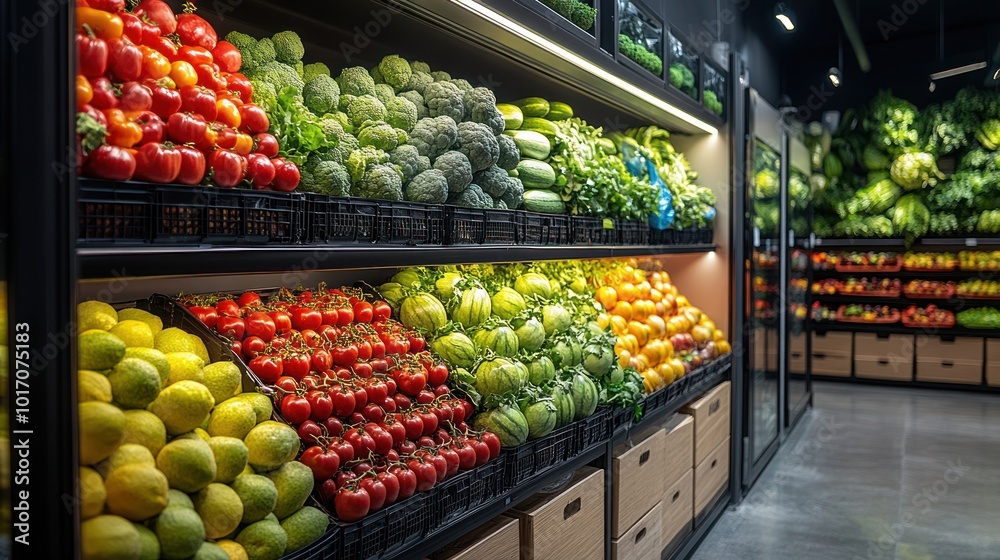 Obraz premium A well-stocked produce section in a grocery store with a variety of fruits and vegetables on display.