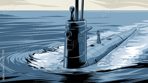 Close-up of submarine's conning tower breaking surface, scanning horizon.