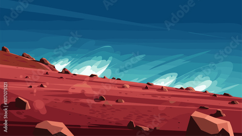 Close-up of Martian surface with red soil, rocks, and dust devils.