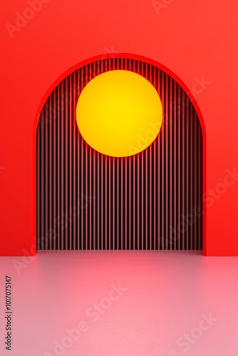 An Abstract Architectural Scene Featuring the Bright Sun Against a Vivid Red Background