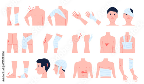 Bandaged body parts. Bandage application to injury, wound or bruise. Fractures and wounds on hand leg head back shoulder, recent vector elements