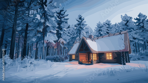 Lone cabin in snow-covered forest, windows glowing against starry night.