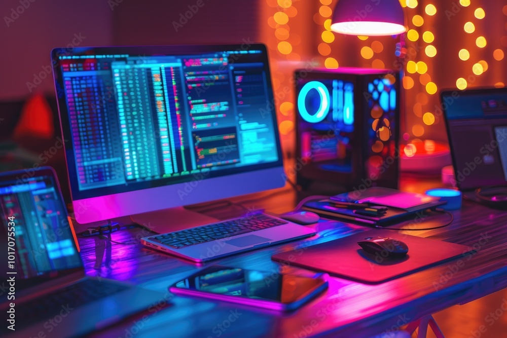 Startup team designing website on digital devices with server. Startup team designing website on digital devices with server.