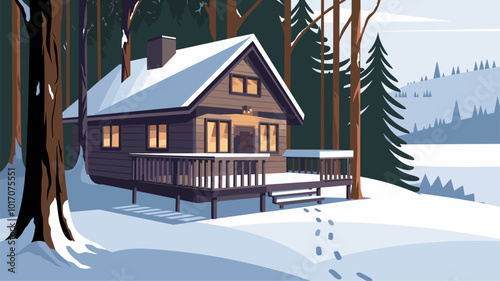 A cozy cabin in a snowy forest, perfect for both living and working remotely.