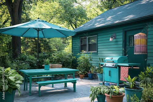 Teal house with sea green vinyl siding, a refreshing patio with a teal dining table, aquamarine grill, turquoise umbrella, and green potted plants photo