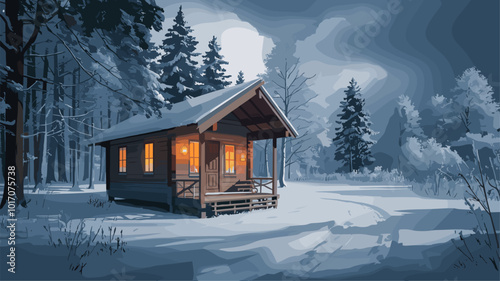 A cozy cabin in a snowy forest, perfect for both living and working remotely.