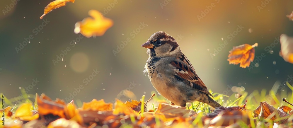 Little Sparrow on Green Grass with Leaves Little Sparrow on Green Grass with Leaves