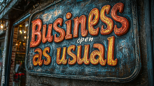 Vintage signboard on a stone wall highlights 'Business as usual' in warm hues, exuding a sense of normalcy, routine, and traditional values.