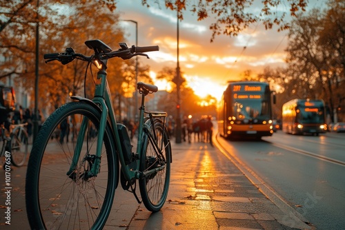A green bicycle parked on the sidewalk in the city, with a bus and people in the background. The sun is setting in the distance, creating a warm glow.