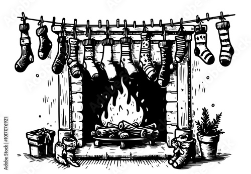 christmas stockings hanging by the fireplace hand-drawn black vector artwork