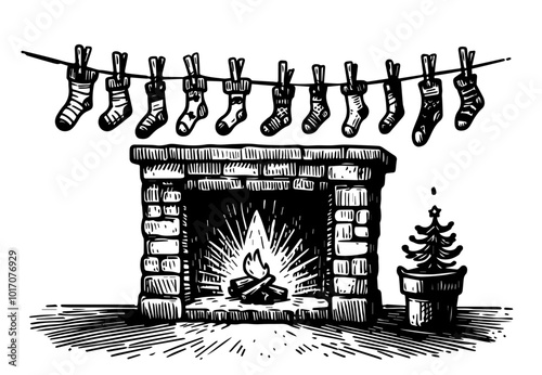 black vector christmas fireplace with stockings and flames hand-drawn