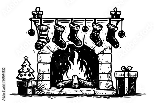 christmas fireplace scene with stockings and fire hand-drawn black vector